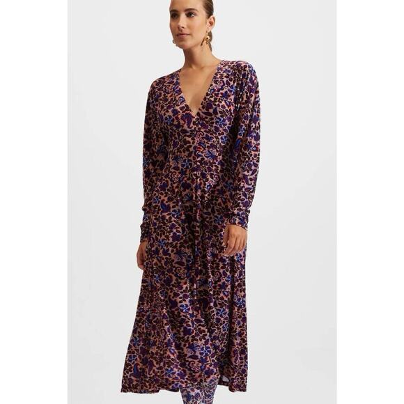 La Double J Kenny Dress Velvet Stretch Floral V-Neck Long Sleeve Midi Purple S